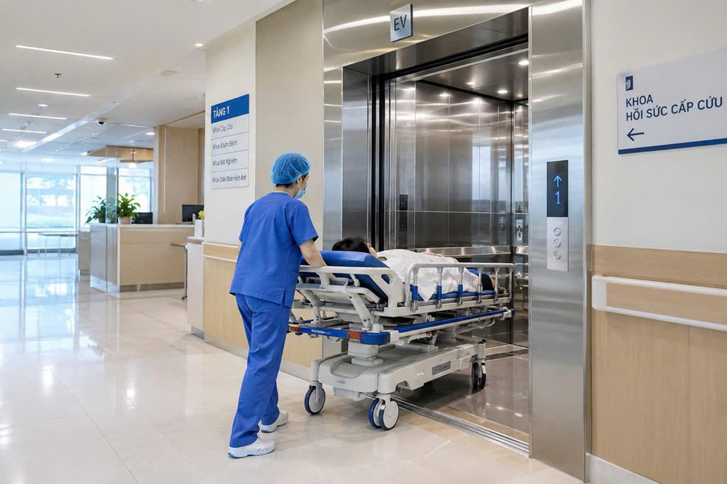Thang máy bệnh viện Velia chuyên dụng cho vận chuyển giường bệnh, cáng cứu thương và thiết bị y tế. Tư vấn, thiết kế , lắp đặt và bảo trì phù hợp cho từng công trình